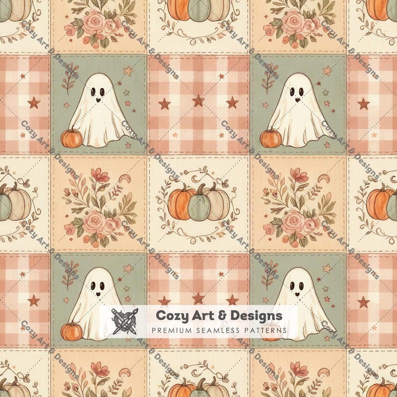Cute Ghost Patchwork Seamless Pattern Fall Digital Paper Autumn Quilt Fabric Design JPG