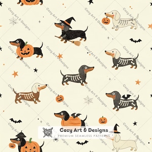 May include: A seamless pattern on a cream background featuring illustrations of dachshunds in Halloween costumes, including skeleton suits, witch hats, and pumpkins. Small black bats, orange stars, and spiderwebs are scattered throughout the design.