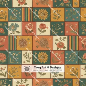 Può includere: Un motivo in tessuto senza cuciture con una griglia di quadrati nei toni dell'arancione, del verde e della crema. Ogni quadrato mostra illustrazioni botaniche di fiori, foglie e strisce verticali. Il testo Cozy Art & Designs è visibile.