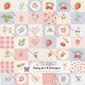 Sömlöst mönster med jordgubbsmotiv, digitalt papper med vintageblommor, rosablått lapptäckstyg