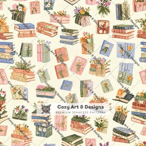 May include: A seamless pattern on a cream background featuring illustrations of stacked books tied with twine and decorated with small floral bouquets. The text Cozy Art & Designs Premium Seamless Patterns is centered in a white rectangular overlay.