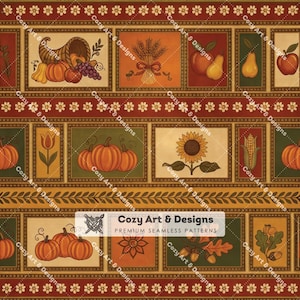 Op de afbeelding: Een naadloos patroon met rechthoekige panelen met herfstoogstmotieven zoals pompoenen, hoorns des overvloeds, zonnebloemen, tarwe, peren, appels en eikels. Het ontwerp bevat decoratieve bloemenranden en de tekst Cozy Art & Designs.