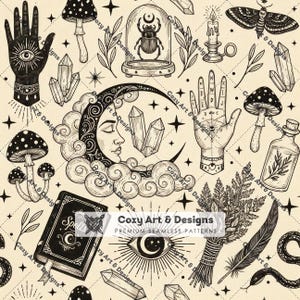May include: A seamless pattern featuring black ink illustrations on a cream background, including a crescent moon with a face, hands with palmistry markings, mushrooms, crystals, a spell book, a moth, a snake, a feather, and a candle.