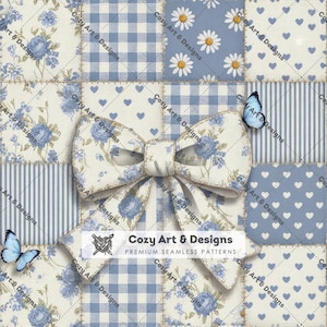 May include: A decorative bow featuring a blue floral pattern on a cream background, centered over a patchwork grid of blue and white designs including gingham, daisies, stripes, and hearts, with the text Cozy Art & Designs Premium Seamless Patterns.