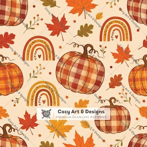 Può includere: Un motivo continuo con zucche a quadri arancioni e rosse, foglie autunnali di acero e quercia e arcobaleni stilizzati in calde tonalità terra su sfondo crema. Il testo Cozy Art & Designs Premium Seamless Patterns è visibile.
