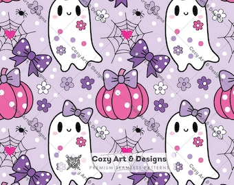 Pink Halloween Ghost Seamless Pattern, Bows Pink Pumpkins Spiderwebs, Digital Paper