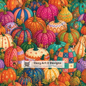 Boho Folk Pumpkin Seamless Pattern, Fall Sewing Fabric Print, Autumn Patchwork Digital Paper, Quilting Cotton Pattern JPG