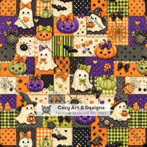 Può includere: Un motivo patchwork con elementi di Halloween come fantasmi, zucche, pipistrelli, ragni e fiocchi in arancione, viola, verde e nero. Il design include il testo Cozy Art & Designs Premium Seamless Patterns.