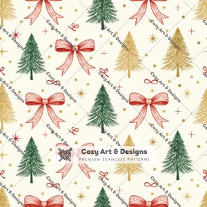 Peut inclure: Un motif répétitif composé de sapins verts, de sapins dorés et de nœuds rouges dessinés à la main sur un fond crème. Le design inclut des petits points dorés, des lignes diagonales fines et le texte Cozy Art & Designs Premium Seamless Patterns.