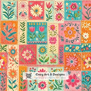 May include: A seamless pattern featuring rectangular blocks filled with various floral illustrations in shades of pink, orange, teal, and yellow. The design includes stylised flowers, leaves, and vines, with the text Cozy Art & Designs.