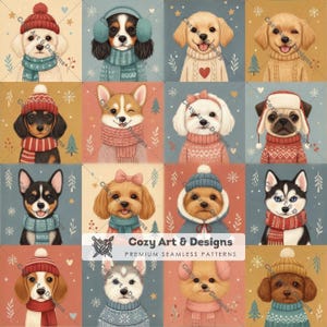 Könnte beinhalten: Eine digitale Illustration mit einem Raster aus sechzehn Hunden, die Winteraccessoires wie Strickmützen, Schals und Ohrenschützer tragen. Die Hunde sind in verschiedenen Farben vor gedeckten Hintergründen mit kleinen Schneeflocken- und Baum-Symbolen dargestellt. Der Text lautet Cozy Art & Designs.