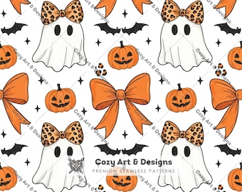 Halloween Seamless Pattern, Ghost Pumpkin Bow, Spooky Leopard Digital Paper