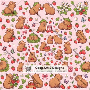 May include: A seamless pattern on a light pink background featuring brown capybaras, red strawberries, green leaves, white flowers, butterflies, and pink bows. The text Cozy Art & Designs Premium Seamless Patterns is visible in the center.