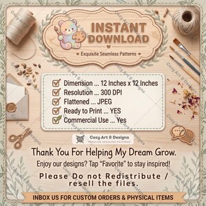 May include: A digital information graphic on a wood-grain background featuring a pastel bear illustration and the text: INSTANT DOWNLOAD, Dimension 12 Inches x 12 Inches, Resolution 300 DPI, Flattened JPEG, Ready to Print YES, Commercial Use YES.