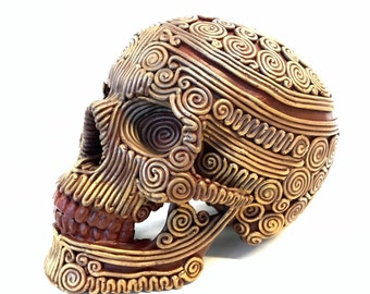 Bronze Skull, skull, filigree, OOAK, hand cast, red gold, anatomy, life size, metal, cast metal, sugar skull, decorated skull,