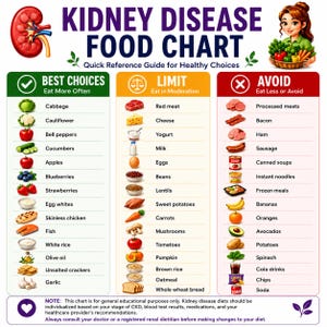 May include: A Kidney Disease Food Chart featuring three columns labeled Best Choices, Limit, and Avoid. The chart includes illustrations of various foods, a red kidney icon, and text detailing dietary recommendations for kidney health.