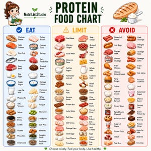 Pode incluir: Uma tabela de alimentos proteicos intitulada NutriListStudio, organizada em três colunas rotuladas como Eat, Limit e Avoid. Apresenta ilustrações coloridas de vários alimentos com os nomes listados ao lado de cada imagem.