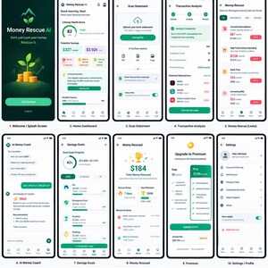 May include: A collection of ten mobile application interface screens for Money Rescue AI, featuring a dark green and white colour scheme. The screens display financial dashboards, transaction analysis, savings goals, an AI coach, and settings menus.