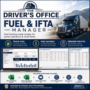 Könnte beinhalten: Eine Software namens The Driver's Office Fuel & IFTA Manager mit einer Grafik eines dunkelblauen Sattelzugs, einem Laptop mit Kraftstoff-Dashboard, einer Datenbanktabelle und einem IFTA-Zusammenfassungsbericht für Fuhrparkbetreiber.