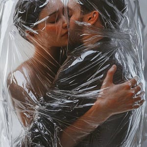 以下が含まれることがあります： 二人の人物が抱き合い、顔を寄せ合ってキスをしているような姿が、しわの寄った透明なプラスチックフィルムに完全に包まれており、そのフィルムが肌や暗い色の衣服に密着して歪んだ視覚効果を生み出している様子が写し出されています。
