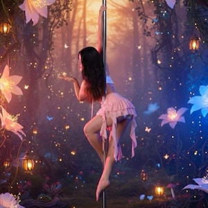 Puede incluir: Una persona con cabello largo y oscuro realiza una figura en un poste de metal vertical, vistiendo una falda con volantes de color rosa claro y una blusa blanca. La escena se sitúa en un bosque con grandes flores blancas brillantes y farolillos.