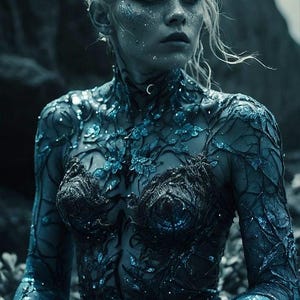 May include: A long-sleeved, form-fitting garment featuring a dark blue, vine-like pattern with shimmering blue glitter accents. The bodice includes a textured, moulded bust detail and a high neckline with a small silver crescent moon charm.