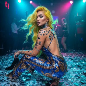May include: A blue sequined jumpsuit featuring a gold baroque-style pattern, a backless design with thin straps, and a fitted silhouette. The garment is adorned with reflective geometric accents on the skin and worn with a black high-heeled shoe.