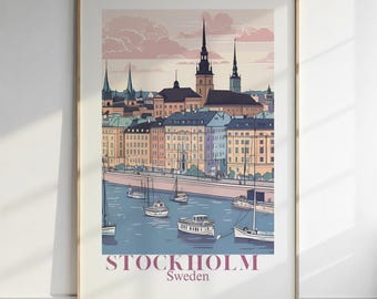 Reseposter med Stockholms kust, utskrivbar väggkonst i retrostil (digital nedladdning)