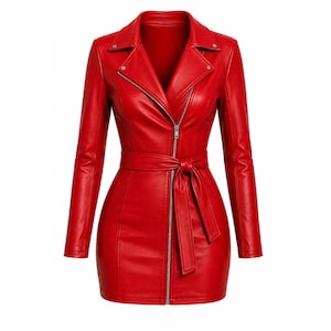 Women’s Red Leather Shirt Dress, Belted zip Front Mini Dress
