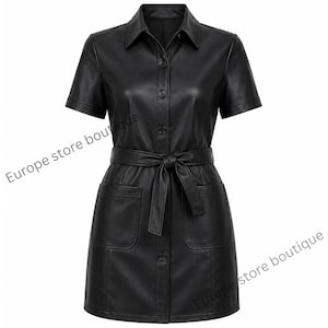 May include: A black short-sleeved shirt dress featuring a collared neckline, a front button-down closure, two front patch pockets, and a matching tie-waist belt. The garment displays the text Europe store boutique in two locations.