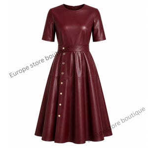 Women’s Burgundy Leather Midi Dress, Short Sleeve Belted Dress
