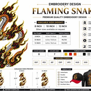 May include: An embroidery design titled Flaming Snake featuring a coiled cobra surrounded by black and red flames. The digital file includes specifications for 8, 10, and 12 inch heights, thread colour counts, and various machine file formats for download.
