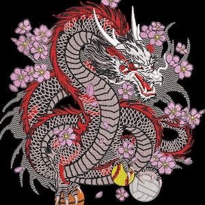 Japanisches Drachen-Stickmuster, Blumendrachen-Maschinenstickerei, Asiatischer Drache für Jackenrücken, Drachen-Stickdatei, Digitaler Download