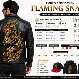 Könnte beinhalten: Ein Stickmuster mit dem Titel Flaming Snake, das eine gewundene Schlange umgeben von orangefarbenen, roten und gelben Flammen zeigt. Die digitale Datei bietet Höhen von 20,3, 25,4 und 30,5 cm mit 78.500 bis 120.900 Stichen zur Auswahl.