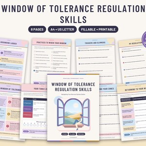 May include: A set of eight printable worksheets titled Window of Tolerance Regulation Skills, featuring pastel-coloured charts, checklists, and prompts for nervous system regulation. The cover page displays an illustration of a person sitting in a window.