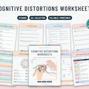 Peut inclure: Un ensemble de huit fiches de travail sur les distorsions cognitives avec du texte, des graphiques et des diagrammes. La page de couverture présente le titre et une illustration de mains démêlant du fil coloré. Documents remplissables.