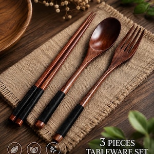 Wooden Tableware Set, Japanese Style Spoon Fork Chopsticks, Natural Wood Cutlery Set, Eco Friendly Kitchen Utensils, Rustic Dining Gift