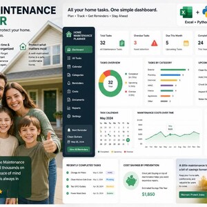 Home Maintenance Planner Excel + Python | Task Tracker | Home Health Score | Digital Download