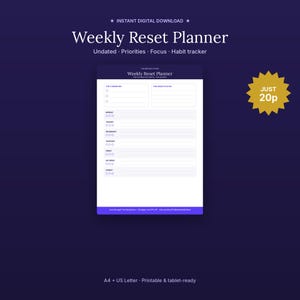 Weekly Planner Printable | Undated Weekly Reset Page | Priorities, Focus & Habit Tracker | Digital Download