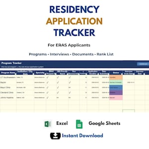 ERAS Residency Application Tracker, Interview Planner, IMG Match Organizer, Excel & Google Sheets Template