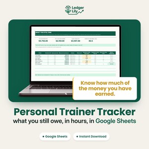 May include: A laptop screen displays a Ledger Lily Personal Trainer Tracker spreadsheet in Google Sheets. The interface shows columns for client data, sessions, and money owed. A text box reads: Know how much of the money you have earned.
