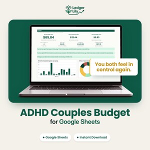 Op de afbeelding: Een laptopscherm toont een digitaal budgetoverzicht voor koppels, met financiële gegevens, een staafdiagram en een cirkeldiagram. De tekst luidt Ledger Lily, ADHD Couples Budget for Google Sheets en You both feel in control again.