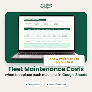 May include: A laptop displaying a Ledger Lily fleet maintenance cost spreadsheet in Google Sheets. The screen shows a table titled Which One To Replace First with data on machine age, repair costs, and replacement values. Text reads Fleet Maintenance Costs.