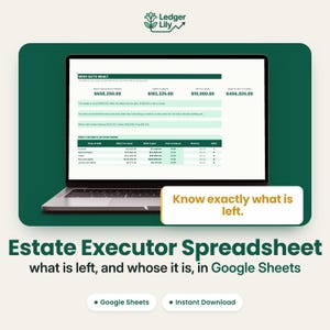 Estate Executor Spreadsheet for Google Sheets: Probate Estate Accounting with Beneficiary Distribution, Debt Priority and Residue Split
