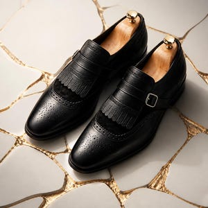Handmade Black Leather Monk Strap Loafers Dress  Shoes For Men