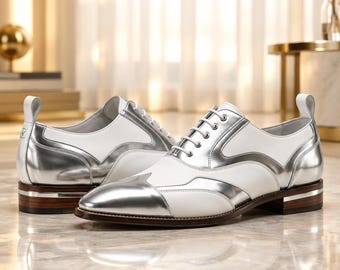 Handmade Men's White & Grey Oxford Shoes, Two-Tone Leather Brogue Dress Shoes, Custom Formal Footwear