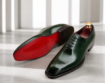 Handmade Men's Green Oxford Whole Cut Genuine Leather Lace Up Formal Shoes