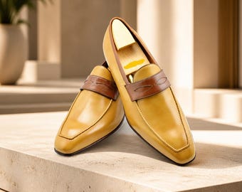 Chaussures homme bicolores en cuir marron faites main, mocassins habillés