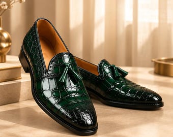 Handmade Green Leather Tassel Loafers for Men,  Slip-On Dress Shoes, Casual & Formal Footwear