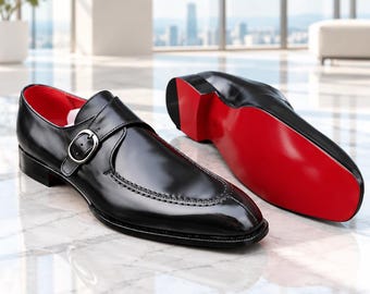 Christian Louboutin Handmade Genuine Black Leather Business monk strap red sole Party Shoes Men